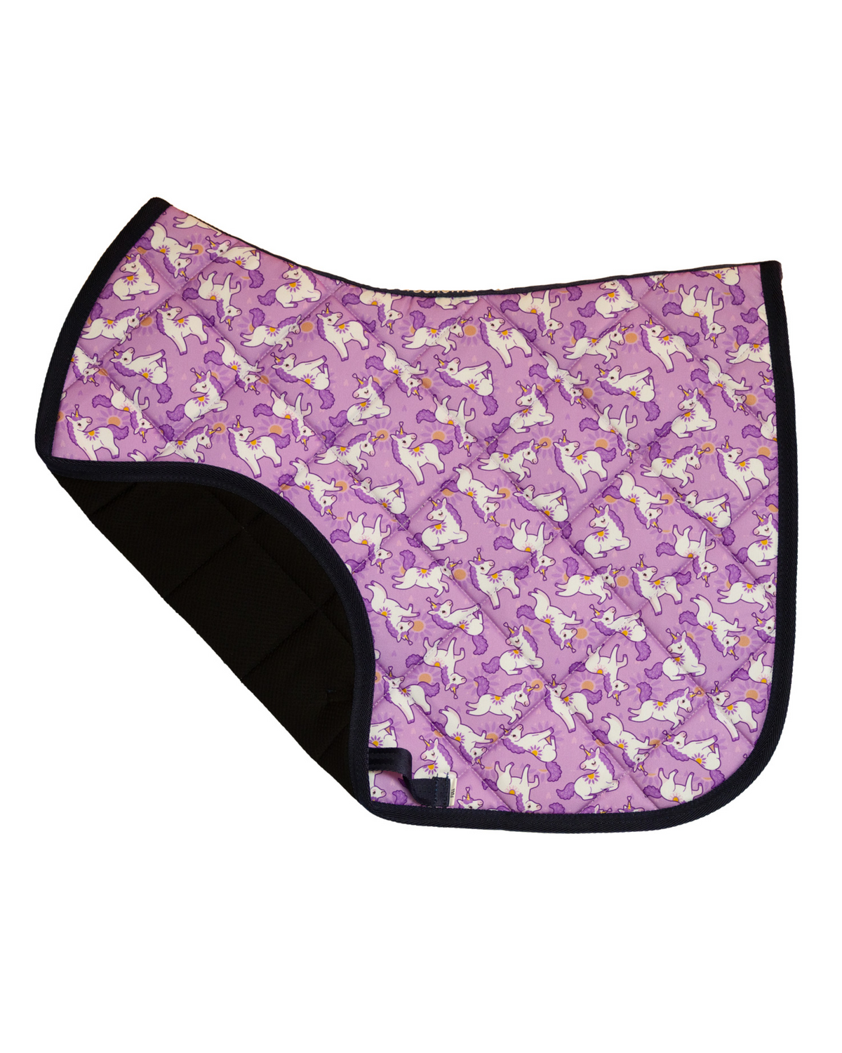 Sunshine & Unicorns saddle pad folded back to show the breathable mesh underside and quilted lining