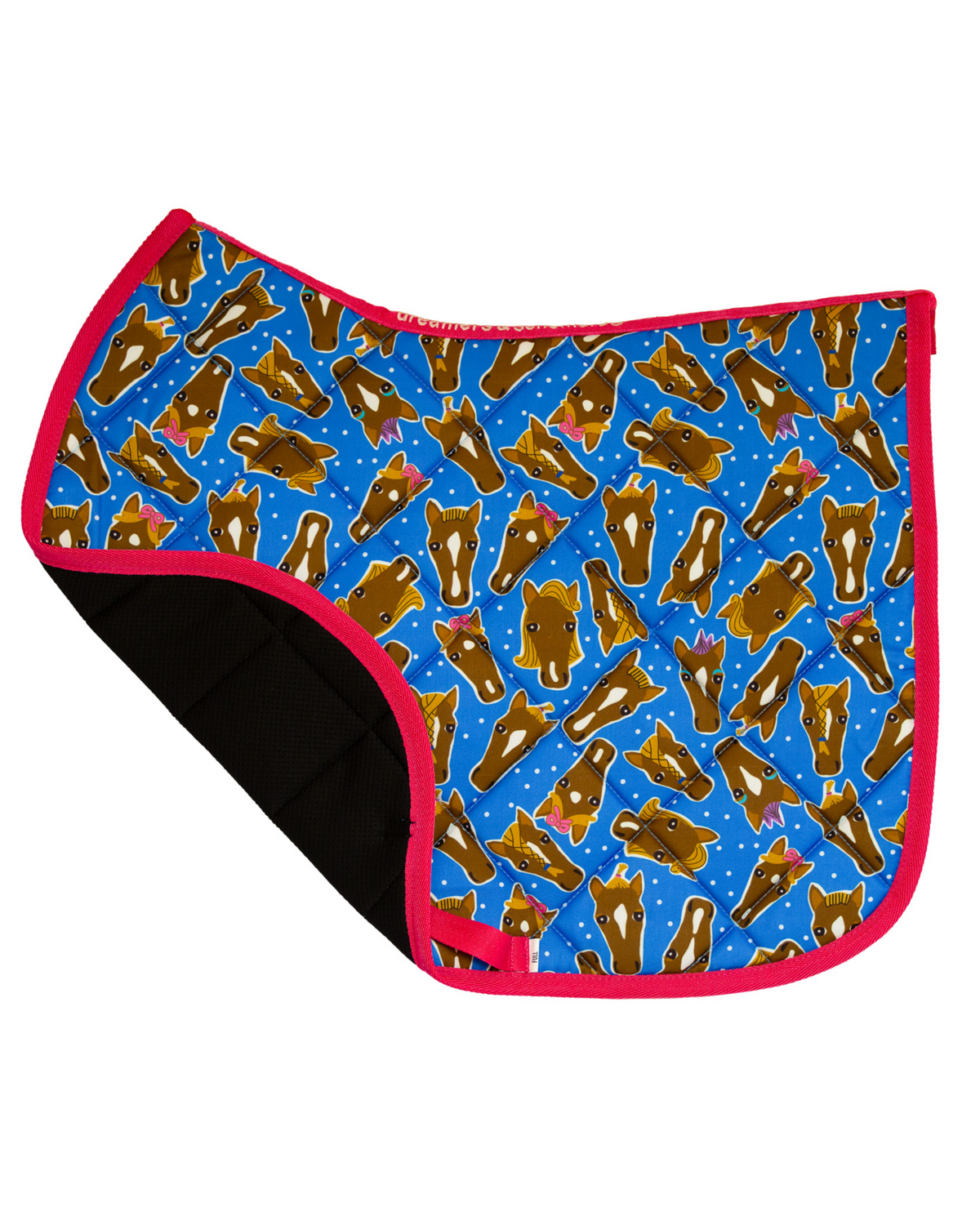 Hairy Styles saddle pad folded back to show the breathable mesh underside and quilted lining