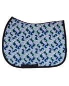 Dino-skate patterned saddle pad, full top view of the print and contrast binding, by Dreamers & Schemers