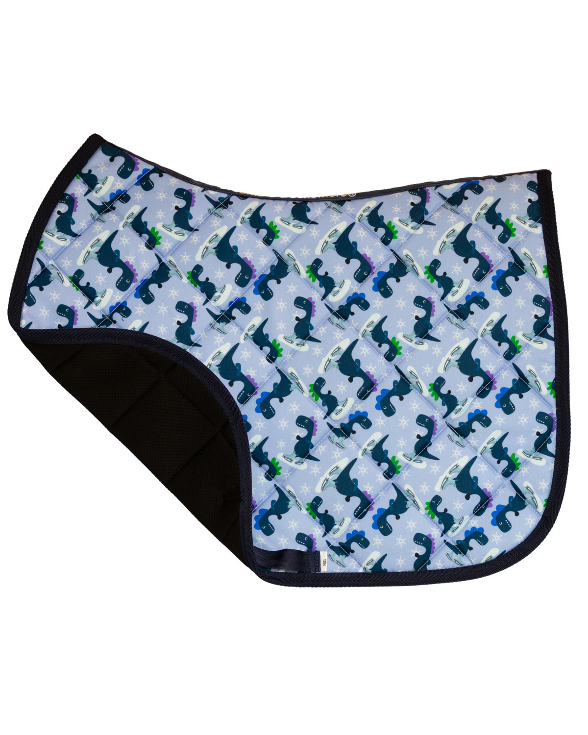 Dino-skate saddle pad folded back to show the breathable mesh underside and quilted lining