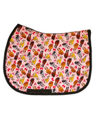 Red Ribbon Girlies patterned saddle pad, full top view of the print and contrast binding, by Dreamers & Schemers