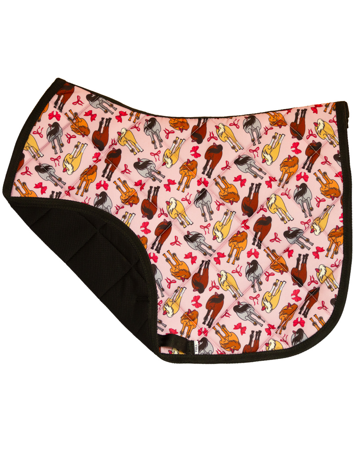 Red Ribbon Girlies saddle pad folded back to show the breathable mesh underside and quilted lining