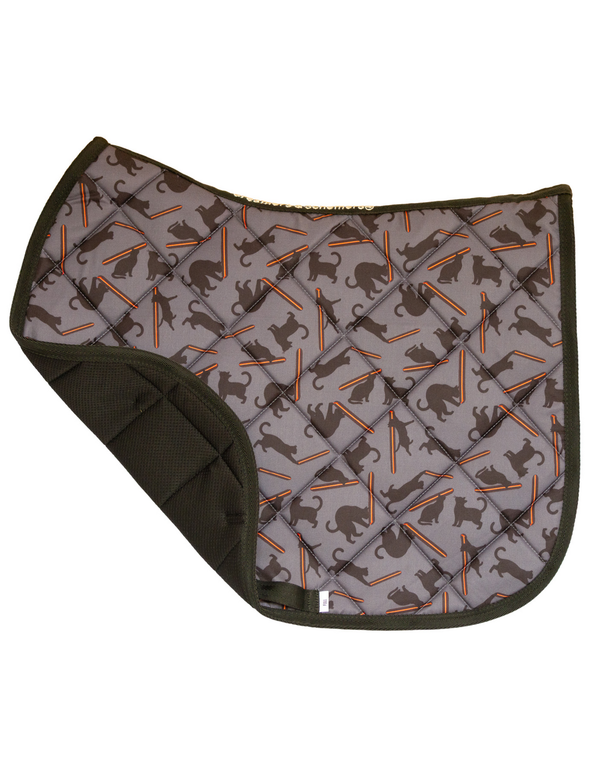 Laser Cats saddle pad folded back to show the breathable mesh underside and quilted lining