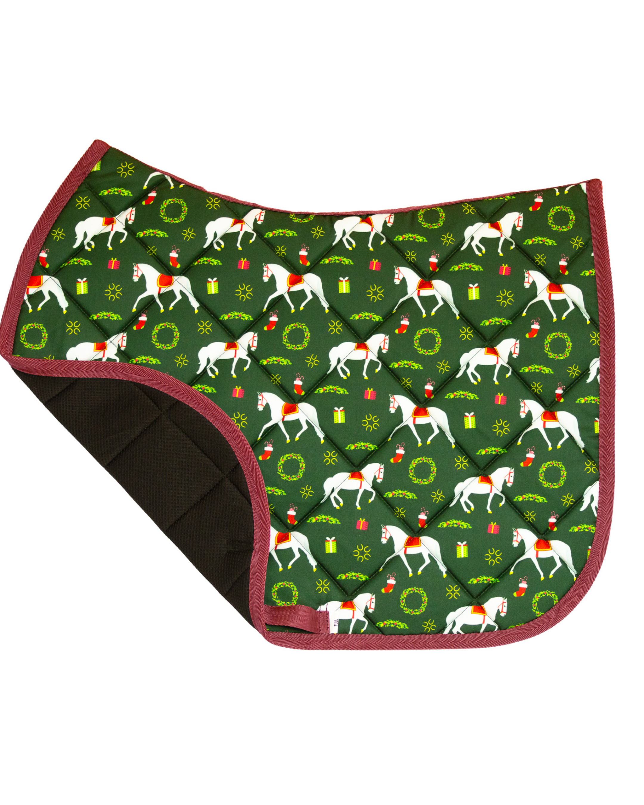 The Pony Island Lippizan Horses saddle pad folded back to show the breathable mesh underside and quilted lining
