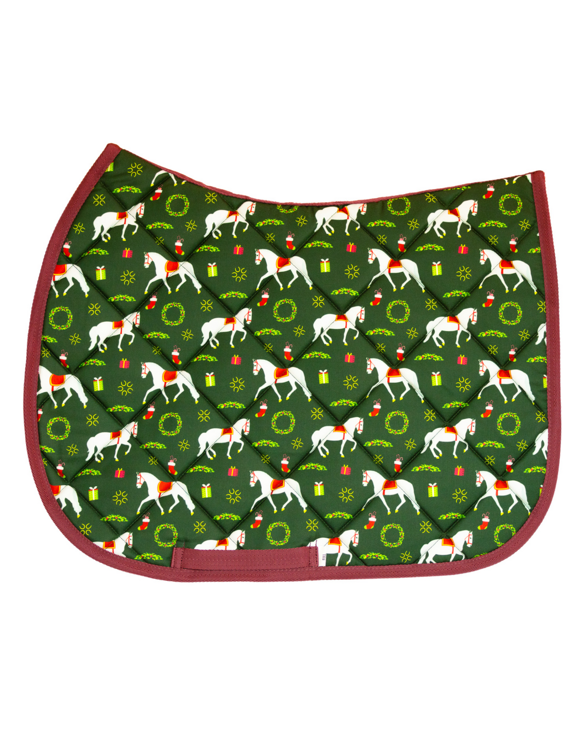 The Pony Island Lippizan Horses patterned saddle pad, full top view of the print and contrast binding, by Dreamers & Schemers