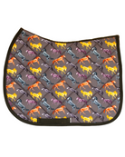 The Pony Island Horse Skeletons patterned saddle pad, full top view of the print and contrast binding, by Dreamers & Schemers