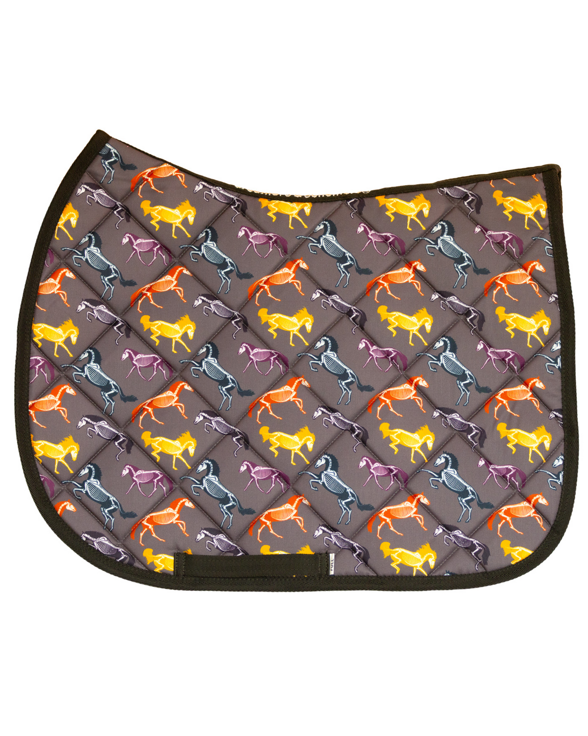 The Pony Island Horse Skeletons patterned saddle pad, full top view of the print and contrast binding, by Dreamers & Schemers