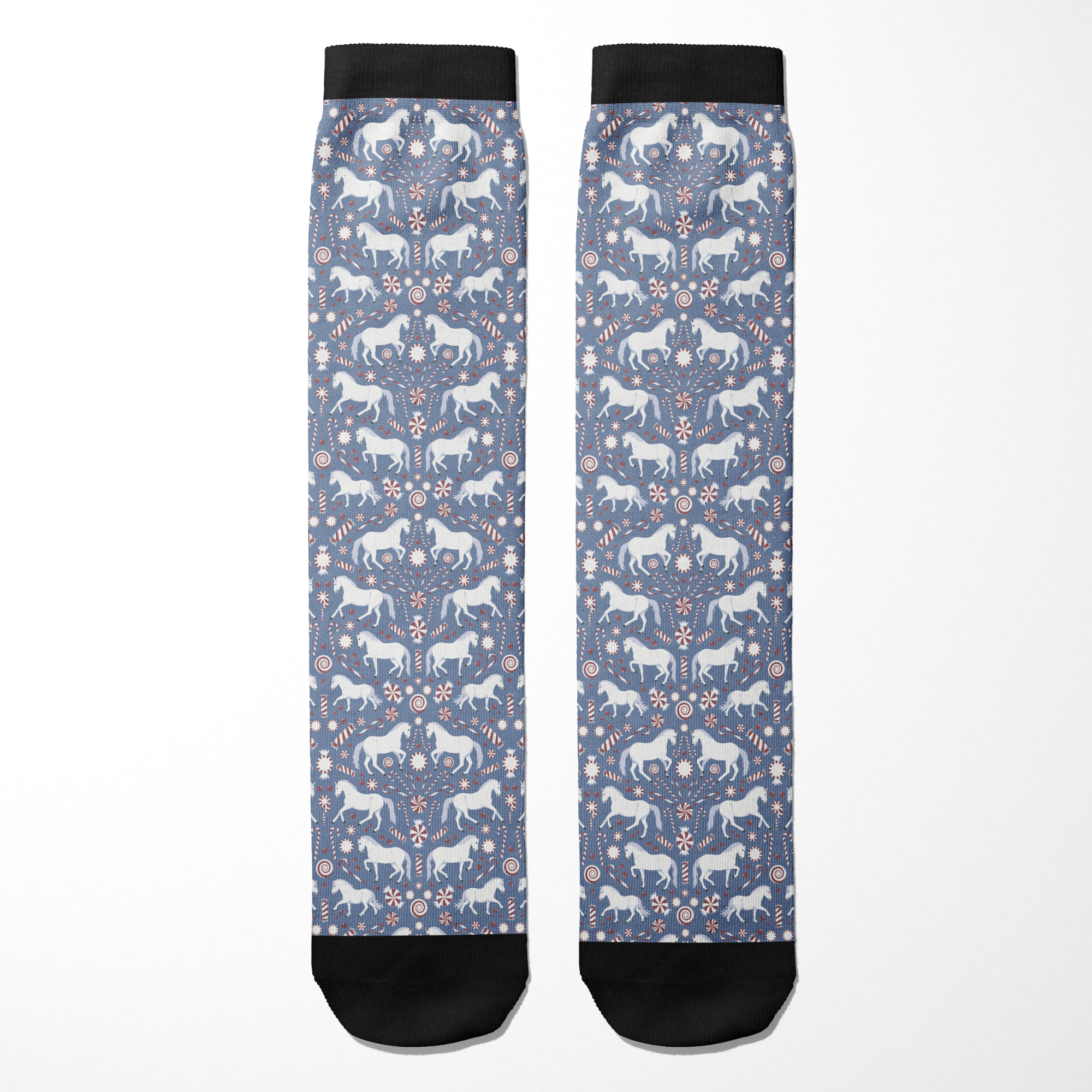 Limited Edition Pony Island Peppermint Ponies Socks with white ponies and peppermint candy design on blue background