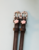 Brown leather ManeJane flying pig spur straps with rose-gold buckles, pale blue backdrop