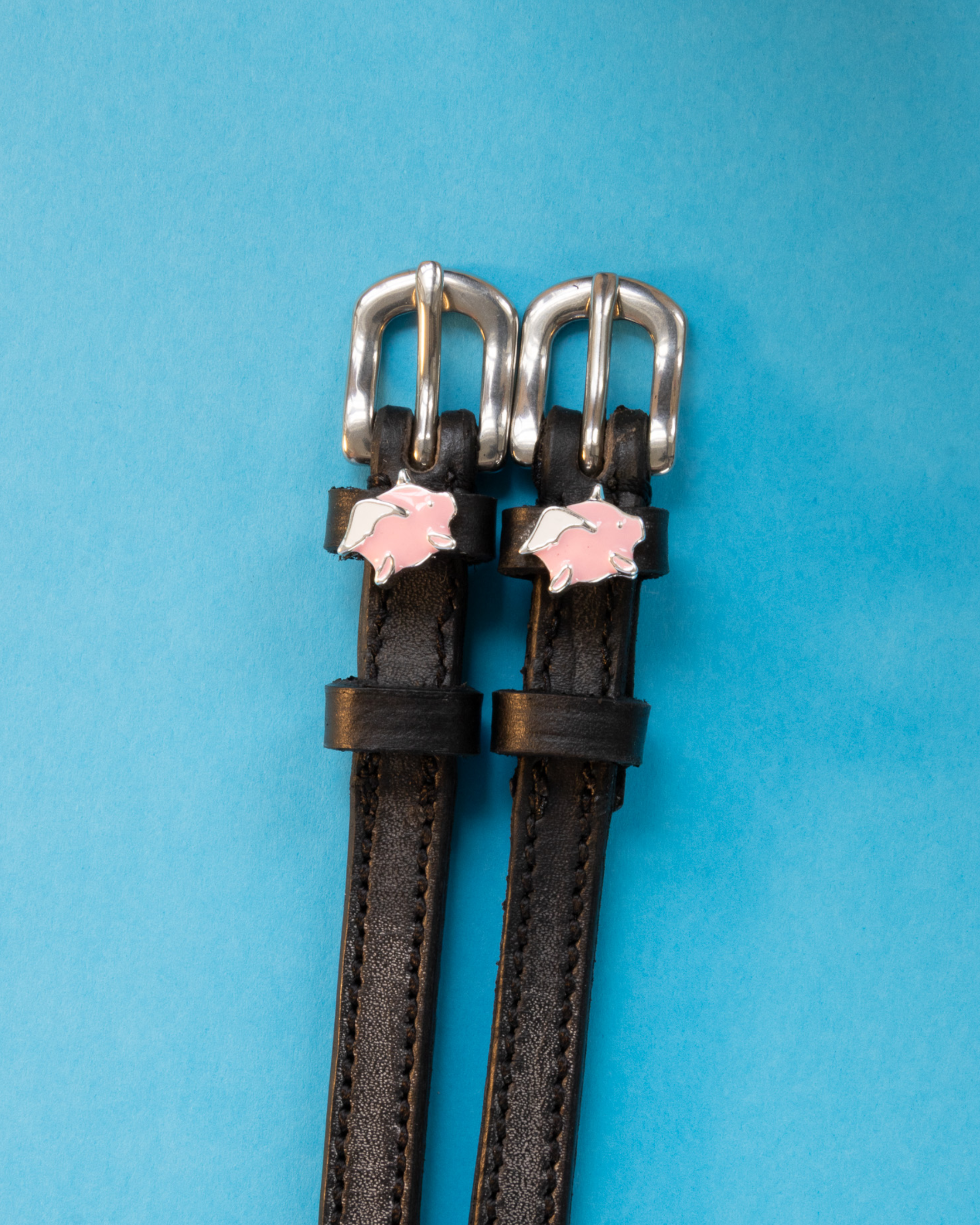 Black leather winged pig charm spur straps on a bright blue background