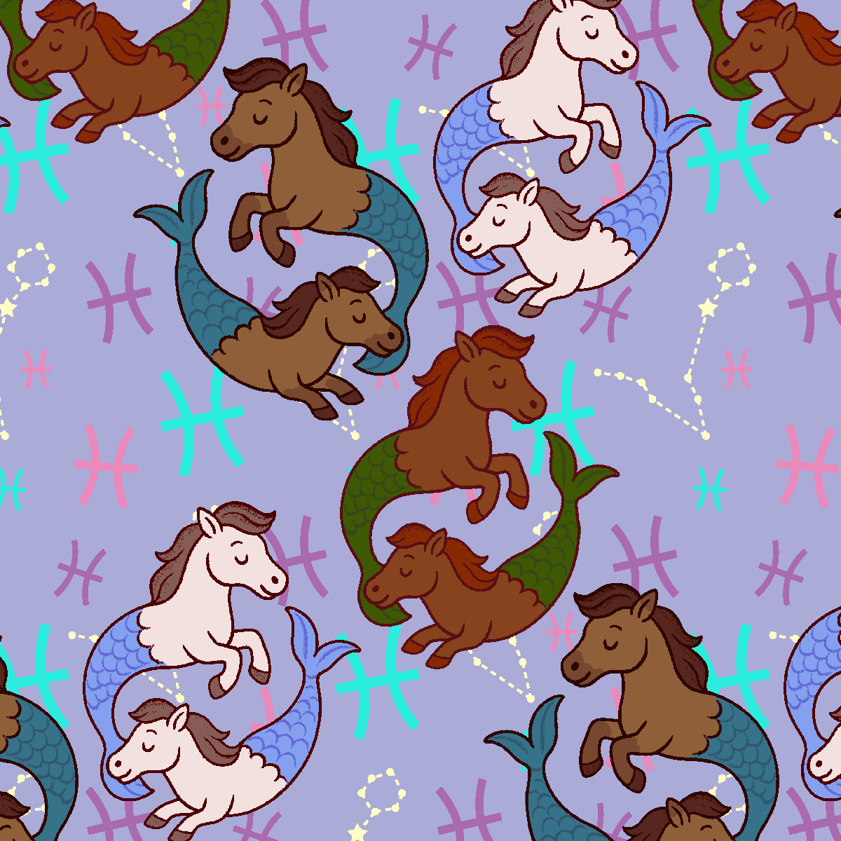 Pisces zodiac boot socks pattern with mermaid horses on purple background