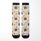 Custom boot socks with horse photo and winner-themed patterns including trophies and ribbons