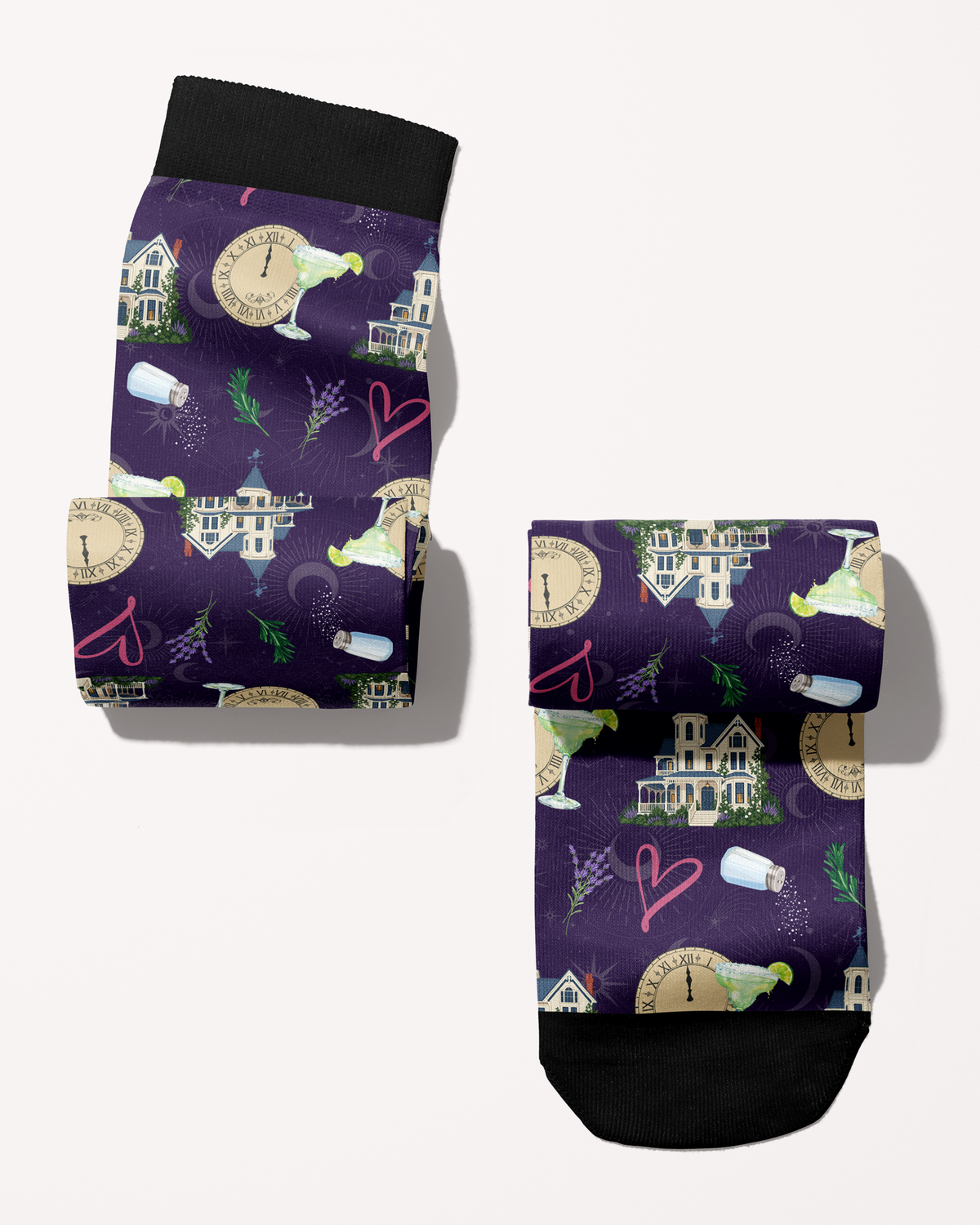 Folded Midnight Margaritas equestrian boot socks, close-up of the margarita glass, clock and Victorian house print