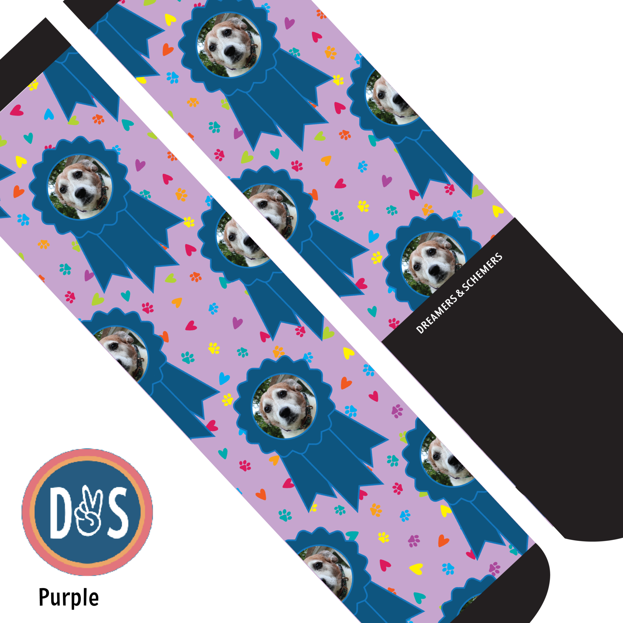 Custom blue ribbon boot socks with personalized animal and photo design