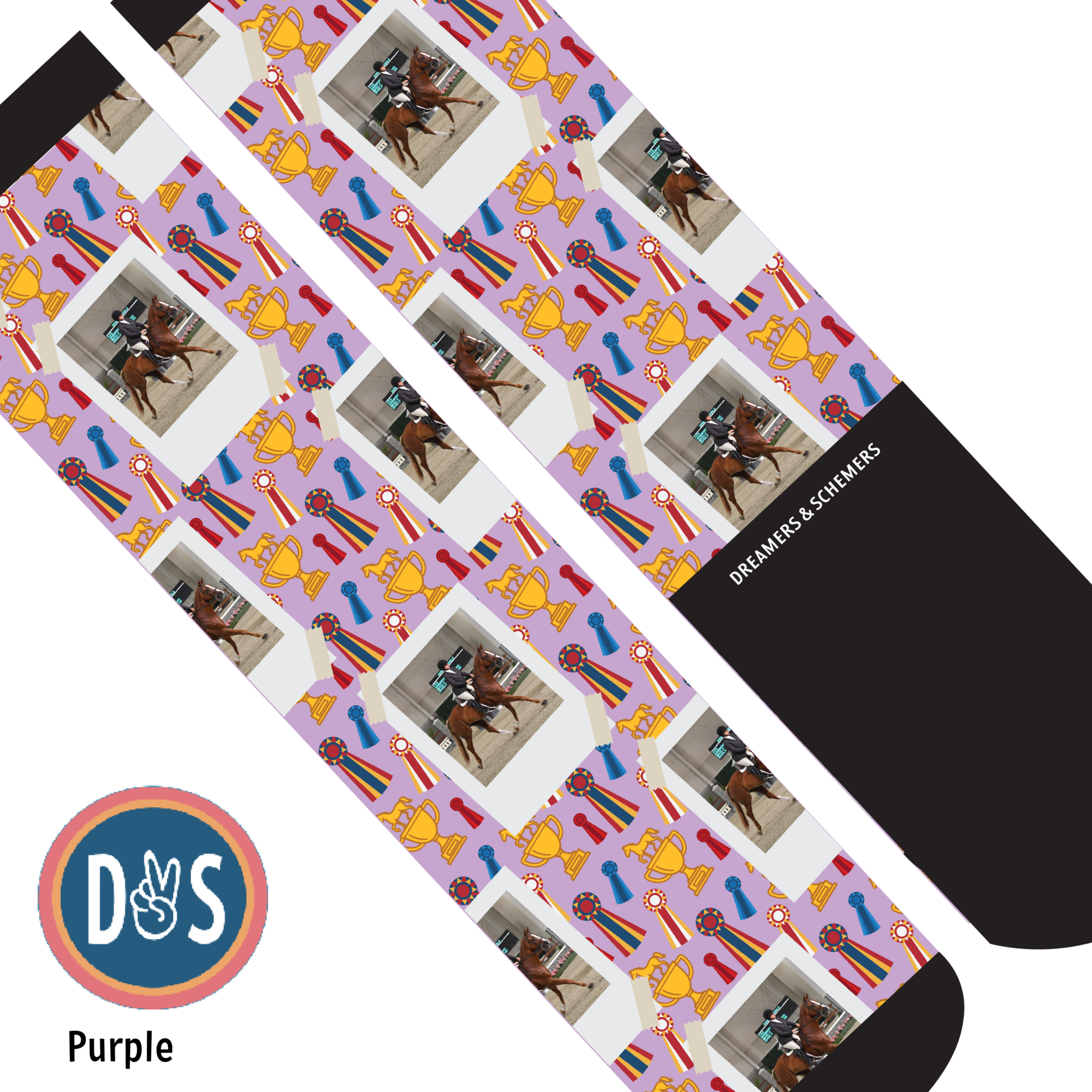 Purple custom boot socks with horse photo and trophy pattern by Dreamers & Schemers