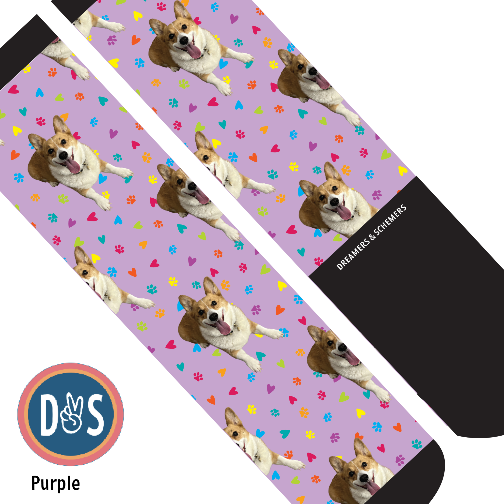 Custom boot socks with purple background and repeated dog and paw print pattern