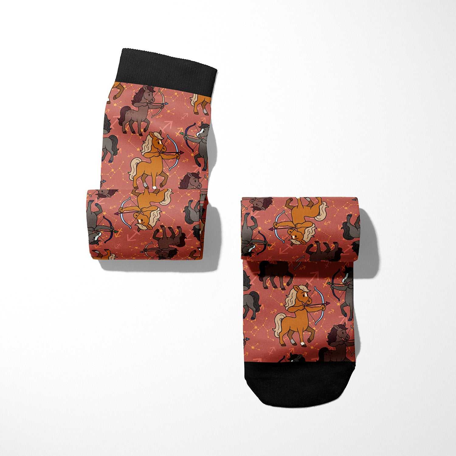 Limited edition Sagittarius zodiac boot socks with horseback riding pattern and black cuffs