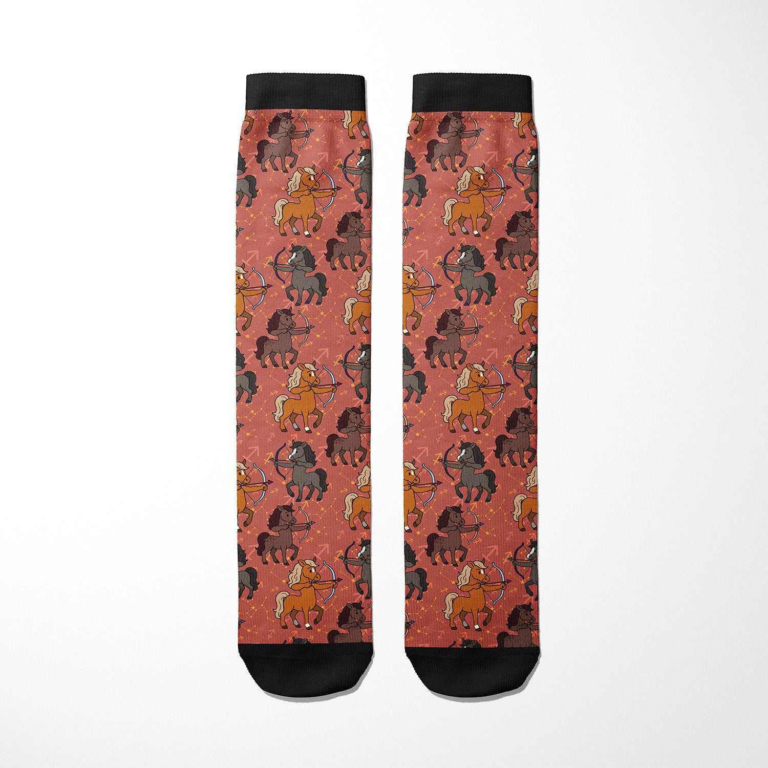 Limited edition Sagittarius zodiac boot socks with horseback rider pattern, made in USA.