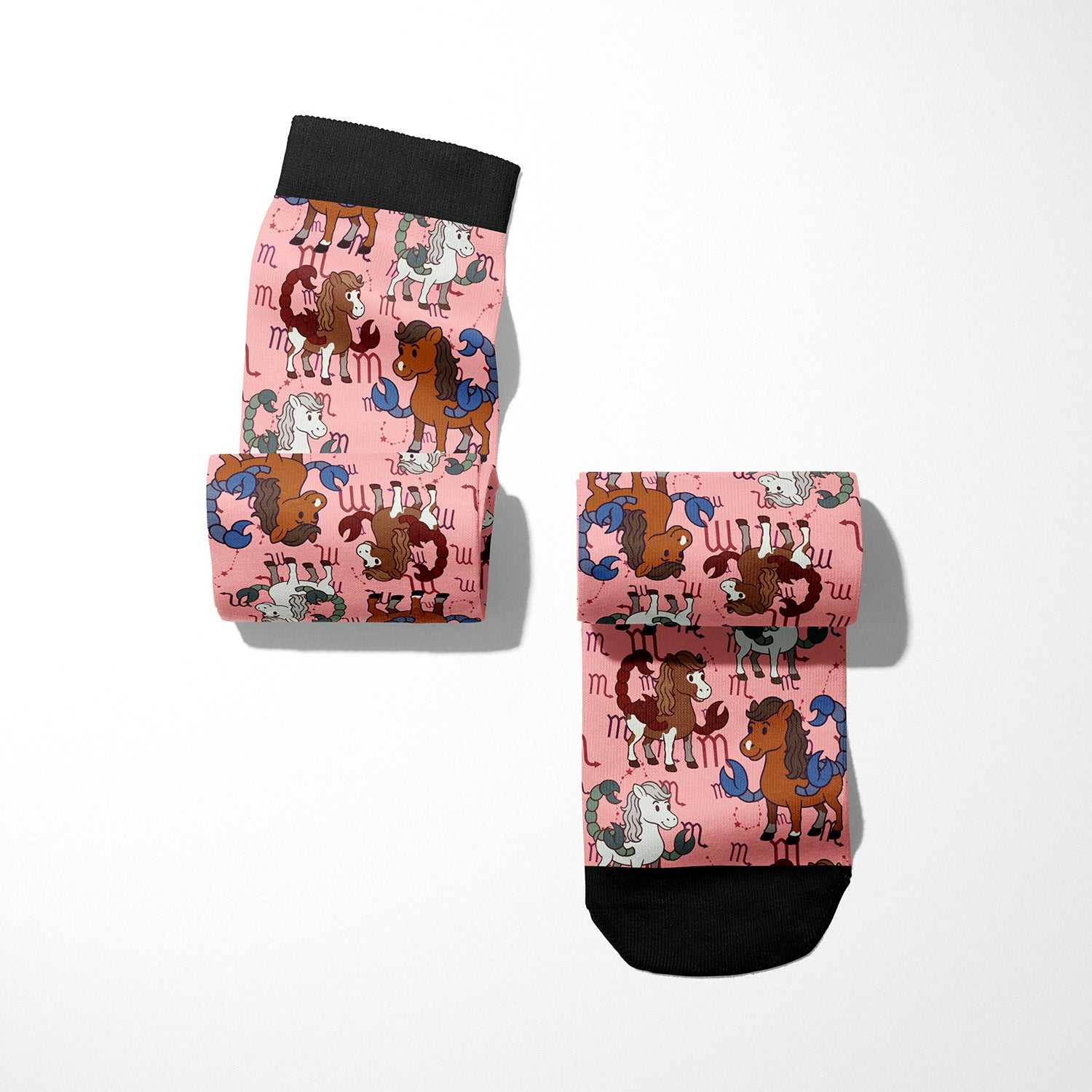Limited edition Scorpio zodiac boot socks with colorful horse pattern and black cuffs, made in USA