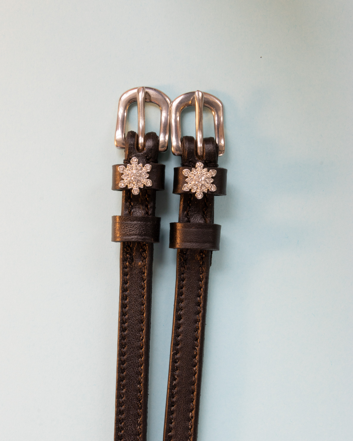 Brown snowflake spur straps with rose-gold buckles and crystal charms on pale blue, ManeJane