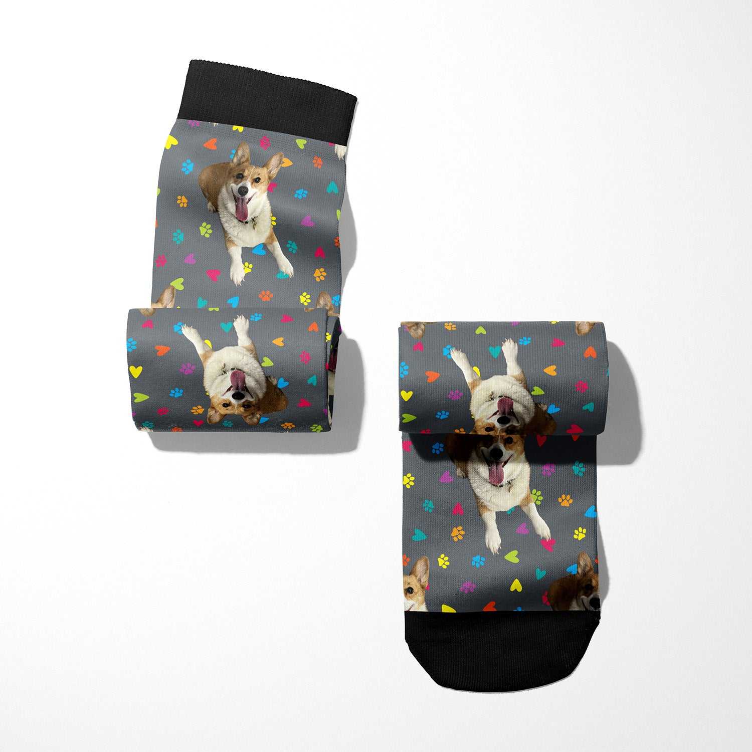 custom boot socks with dog photo and colorful paw print pattern on gray background