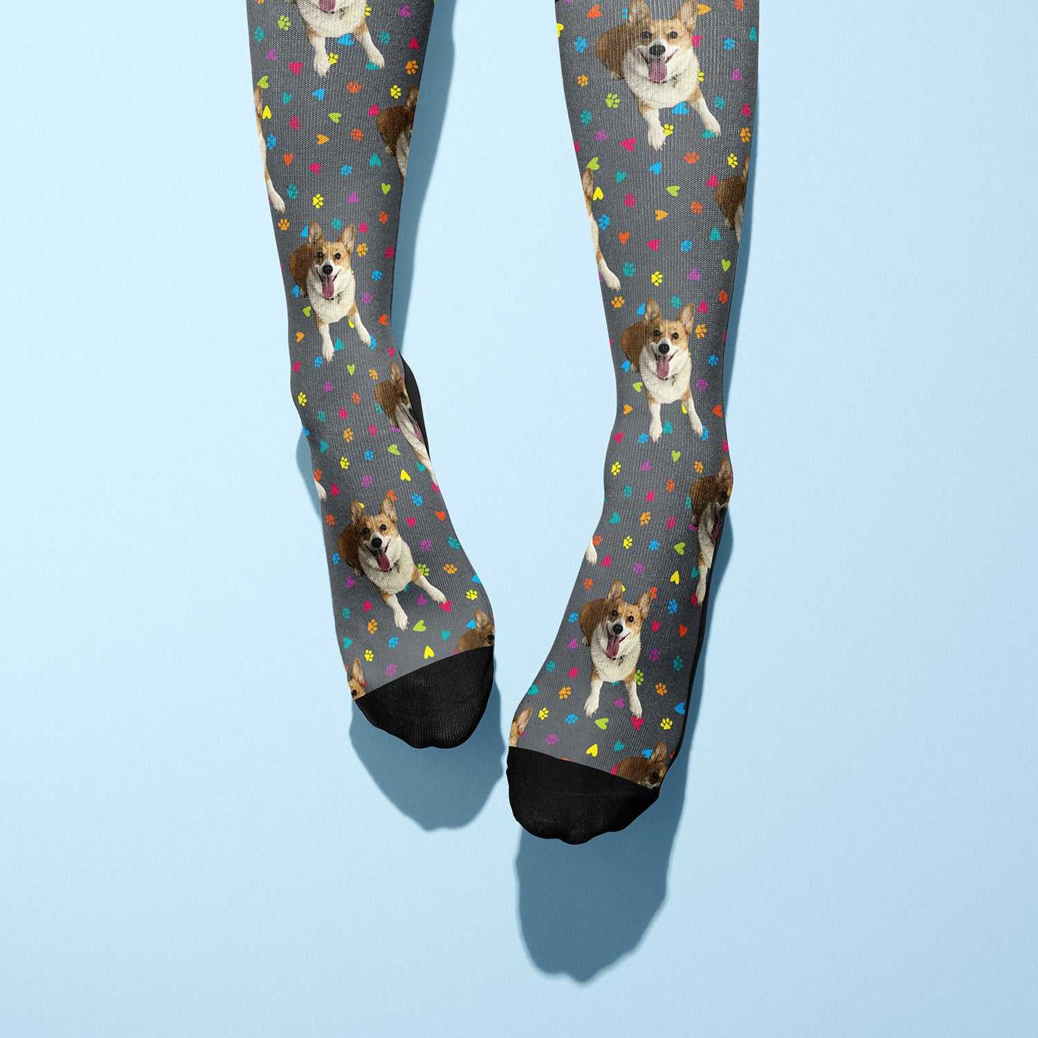Custom boot socks with dog pattern and colorful hearts on grey background