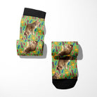 Custom boot socks with cat and trophy pattern, personalized photo design, black cuff and toe.
