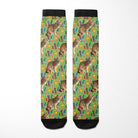 Custom boot socks featuring repeated cat images on a green background with colorful award ribbons and trophies pattern
