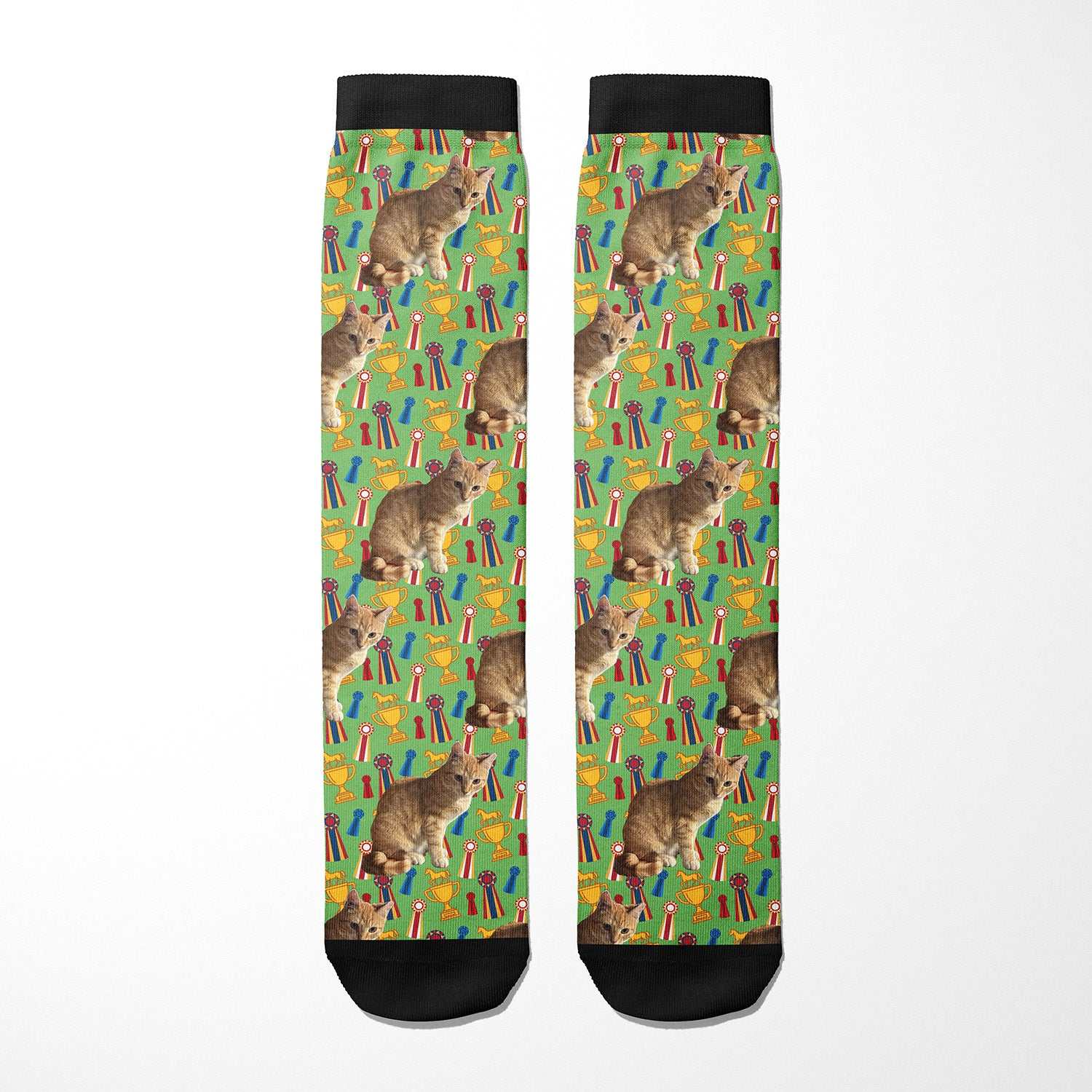 Custom boot socks featuring repeated cat images on a green background with colorful award ribbons and trophies pattern