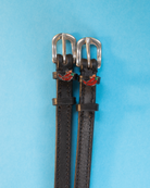 Black leather chili pepper spur straps with silver buckles on a light blue background