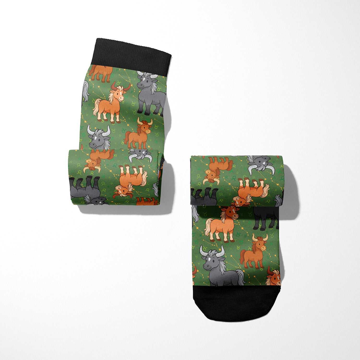 Limited edition Taurus zodiac boot socks with colorful bull pattern on green background, made in USA, 50% cotton blend