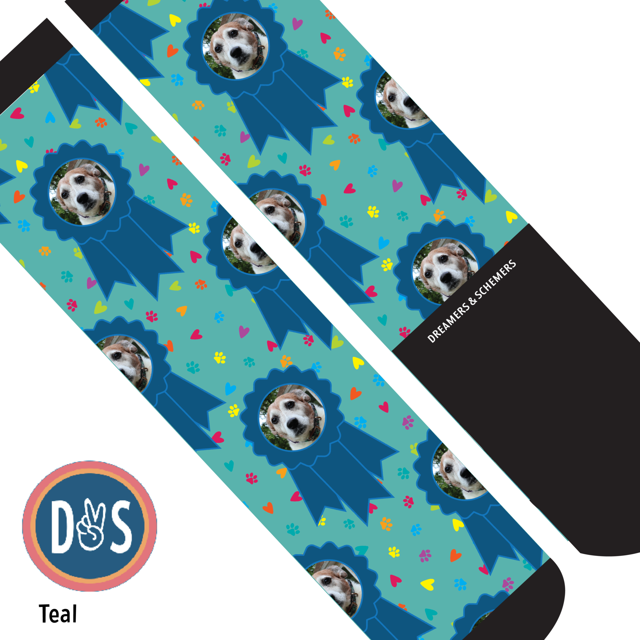 Custom blue ribbon and paw print boot socks with personalized photo design
