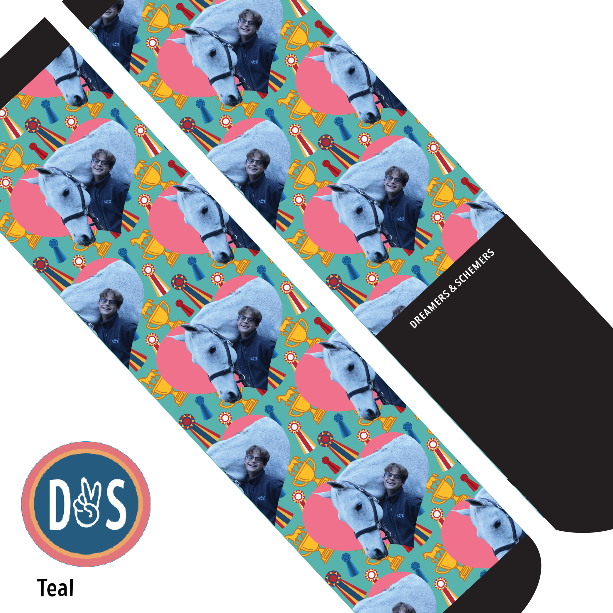 Custom socks featuring personalized photo and heart patterns made in the USA