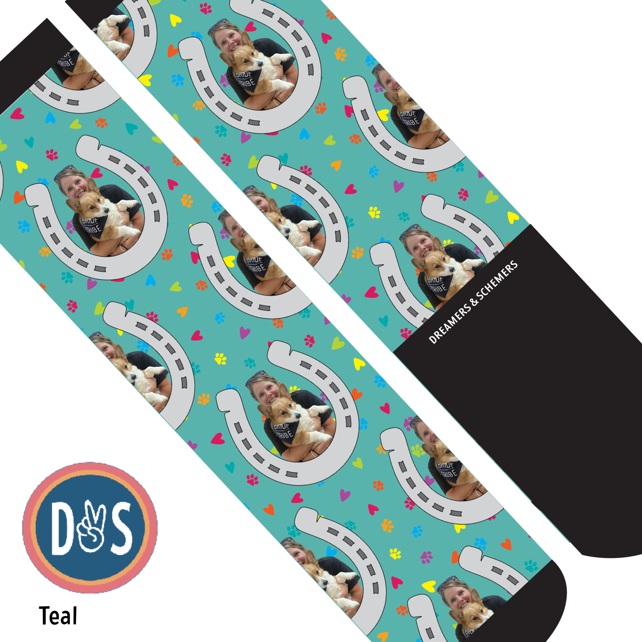 Custom socks with horseshoes and paw print design, personalized with favorite photos
