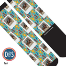 Custom teal boot socks with horse photo and winner trophy pattern by Dreamers & Schemers