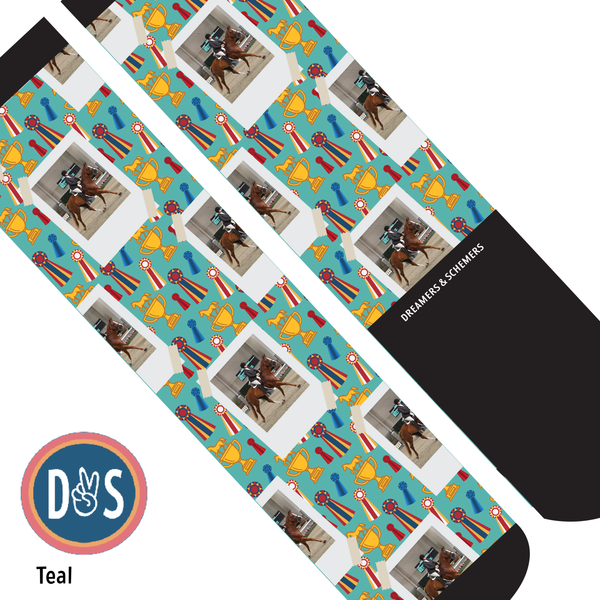 Custom teal boot socks with horse photo and winner trophy pattern by Dreamers & Schemers