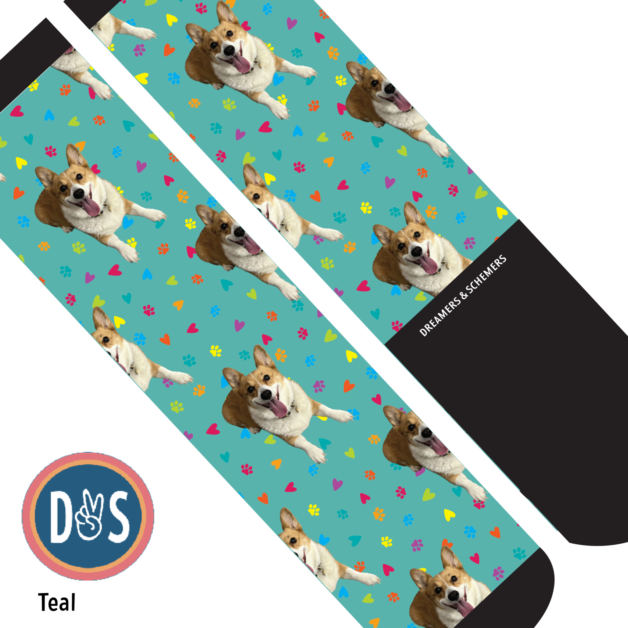 Custom teal boot socks featuring repeated cute dog images and colorful paw prints and hearts pattern