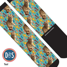 Custom teal boot socks featuring repeated cat images with trophy and ribbon patterns