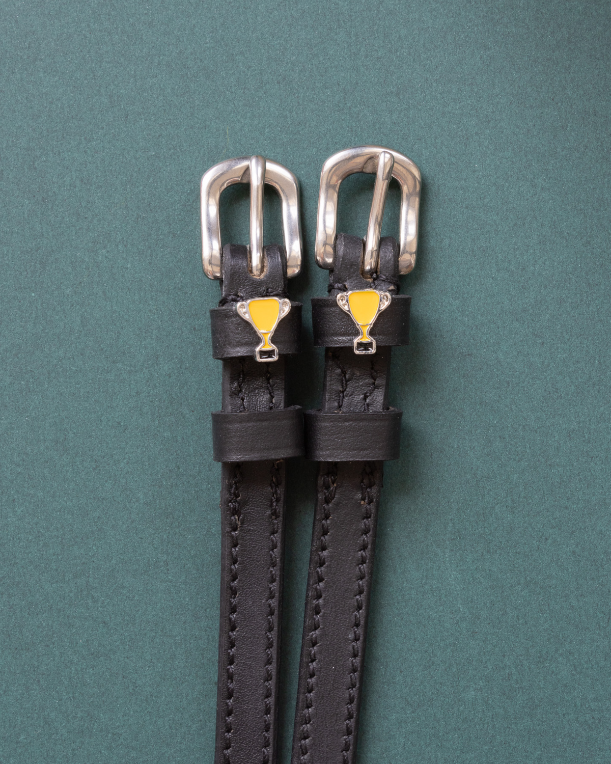 Trophy ManeJane spur straps with the signature Trophy charm, shown on a green background, by Dreamers & Schemers