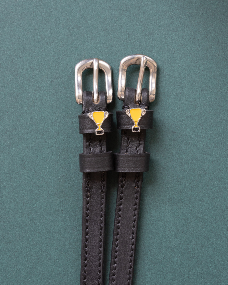 Trophy ManeJane spur straps with the signature Trophy charm, shown on a green background, by Dreamers & Schemers