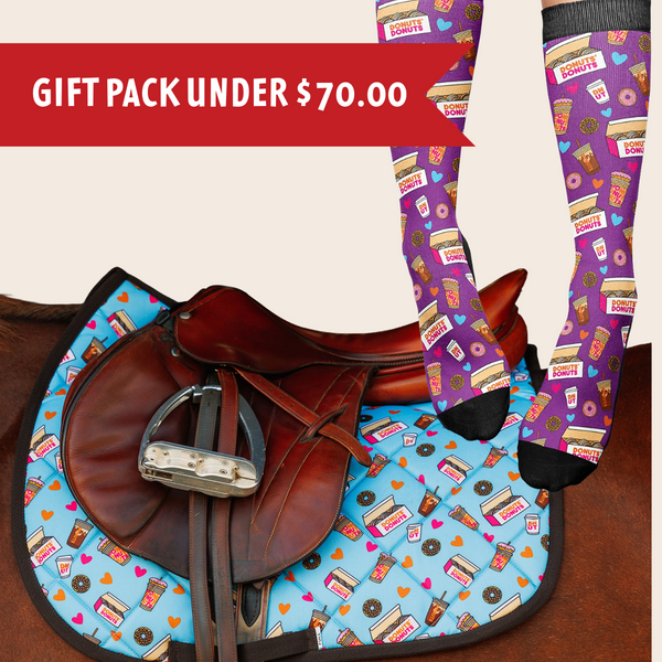Donut Saddle Pad with matching donut-themed socks gift pack under $70 on horse back