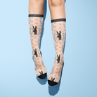 Custom horseshoe socks with blue horseshoe pattern and personalized horse photo design