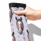 Custom Solo socks with blue horseshoes and horse photo pattern held in hand