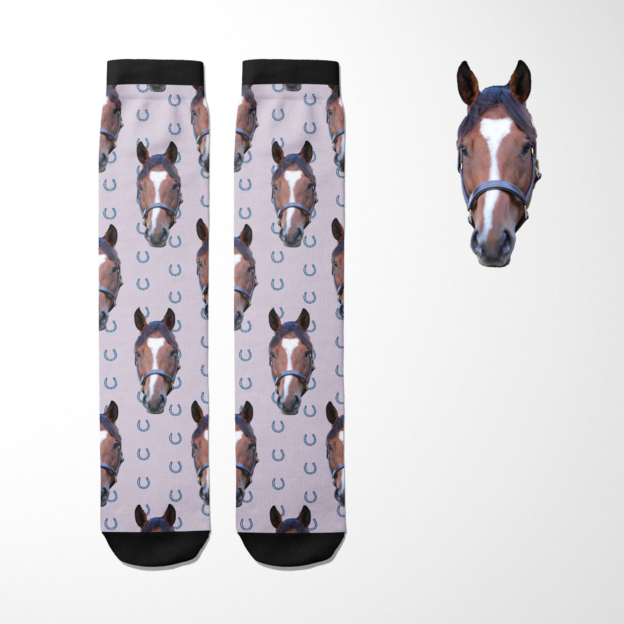 Custom Solo socks featuring blue horseshoes and personalized horse photo design