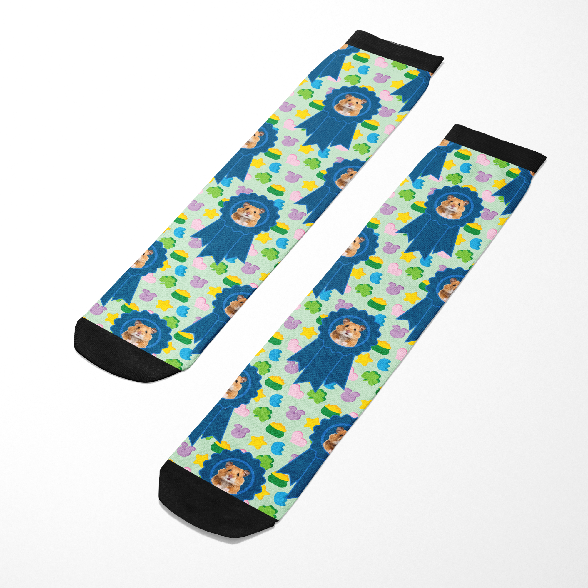 Custom blue ribbon socks with personalized photo and colorful patterns