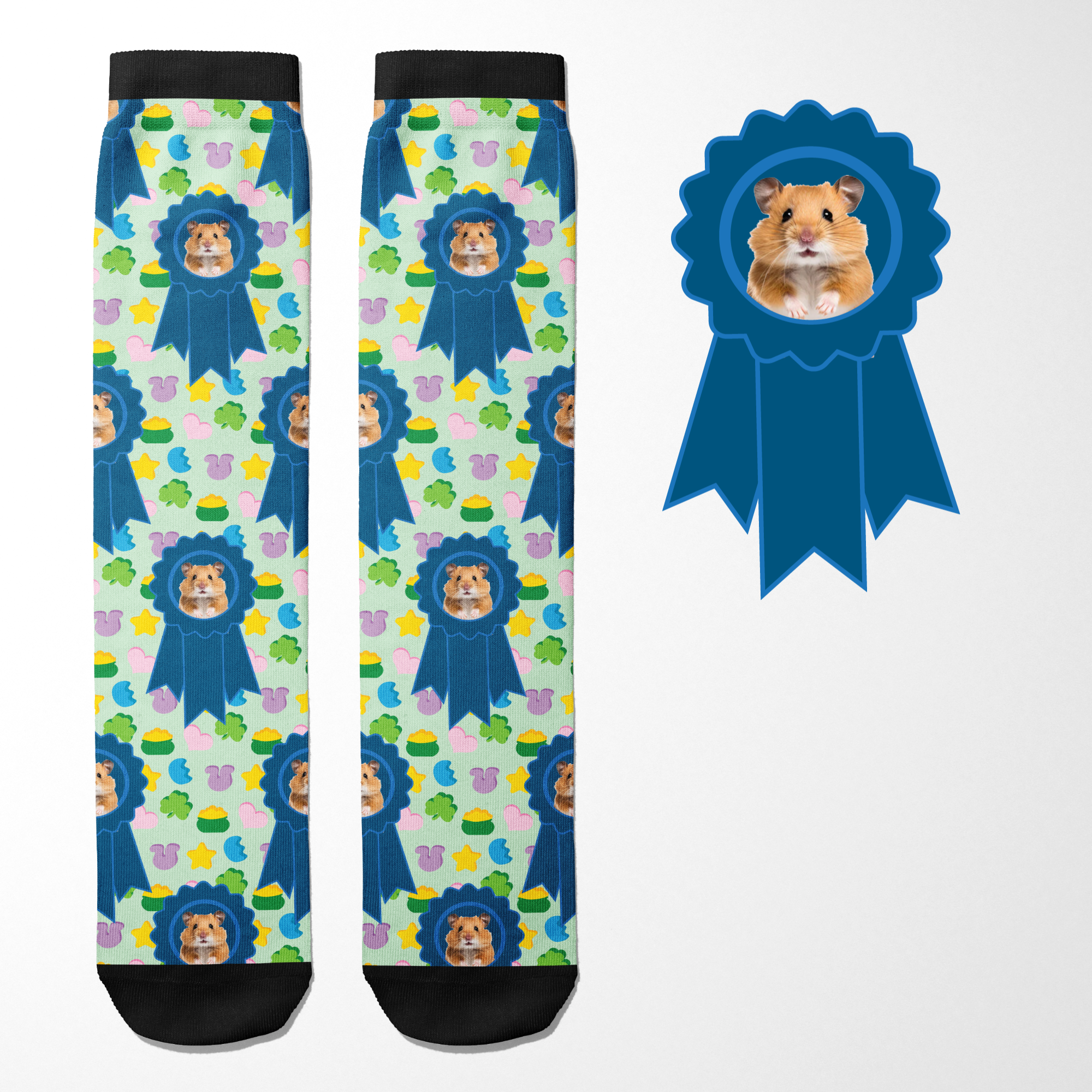 Custom Blue Ribbon Socks featuring a hamster photo on colorful Dreamers & Schemers Boot Socks