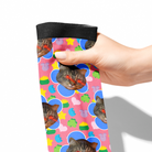 Custom flower socks with personalized cat face and colorful lucky symbol pattern held in hand