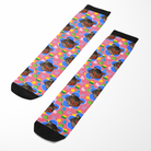 Custom flower socks with personalized photo of a cat face on colorful background with hearts and stars