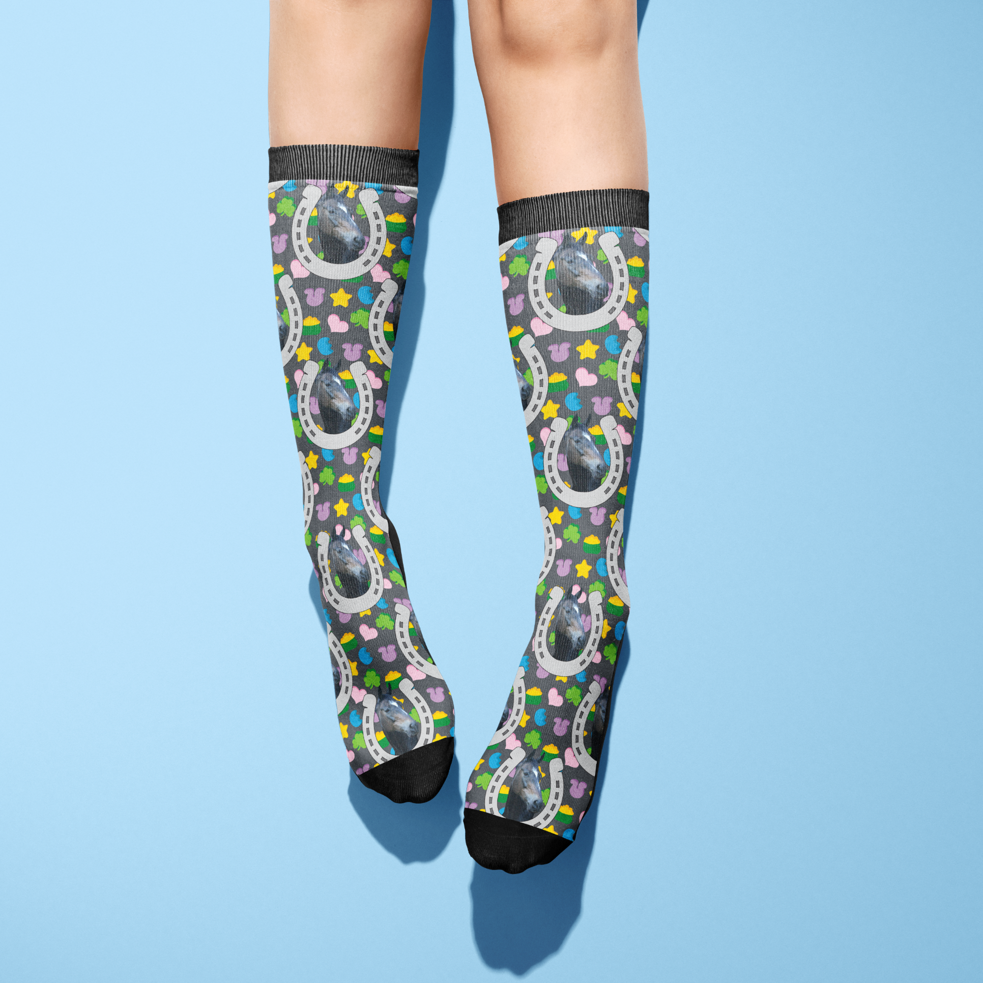 Custom Horseshoe patterned knee-high socks with colorful lucky treats design