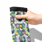 Custom horseshoe patterned socks with horse photo and colorful lucky treats design
